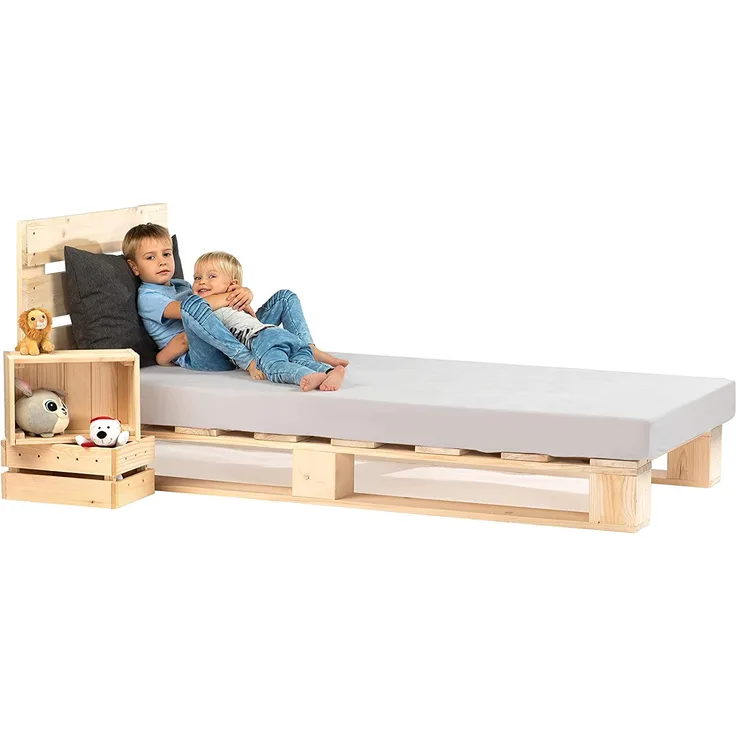sunnypillow 90x200 cm Palettenbett mit Kopfteil Holzbett Bett aus Paletten Palettenmöbel Naturholz Fichte europalette