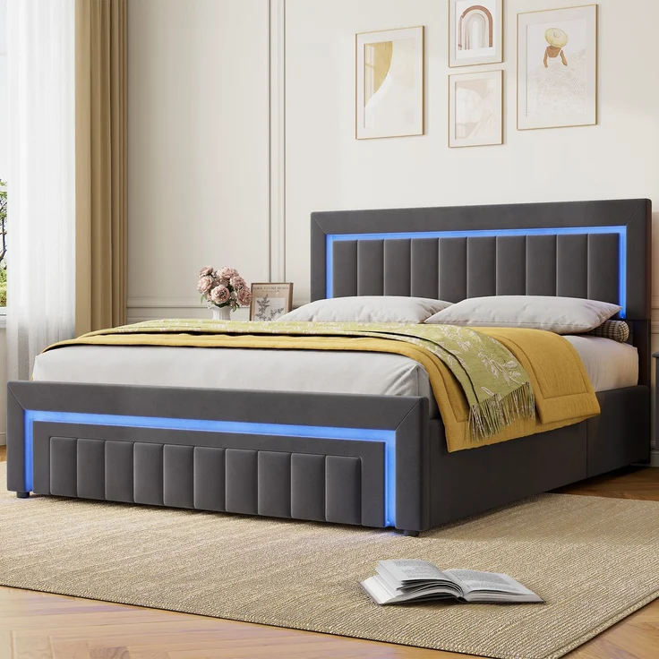 Polsterbett 160x200 cm mit LED-Beleuchtung, Samtbezug und Schubladen, Dunkelgrau – Ohne Matratze – Bild 3