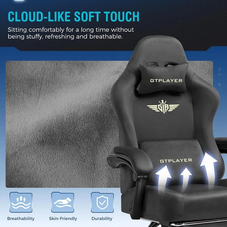 GTPLAYER Gaming Stuhl, Atmungsaktiver Bürostuhl, bürostuhl ergonomisch, Hochwertiger - Stoff, Ergonomischer PC Stuhl, 160° Verstellbare Rückenlehne und ausziehbare Fußstütze, Grau – Bild 5