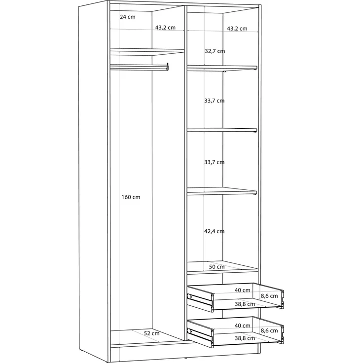 Forte JOAKIM Kleiderschrank 90, Skandi-Stil Schrank, 2-türig, 2 Schubladen, Einlegeböden, Kleiderstange, Holzwerkstoff, Artisan Eiche Holzdekor, 90,8 cm breit x 197 cm hoch x 54 cm tief – Bild 7