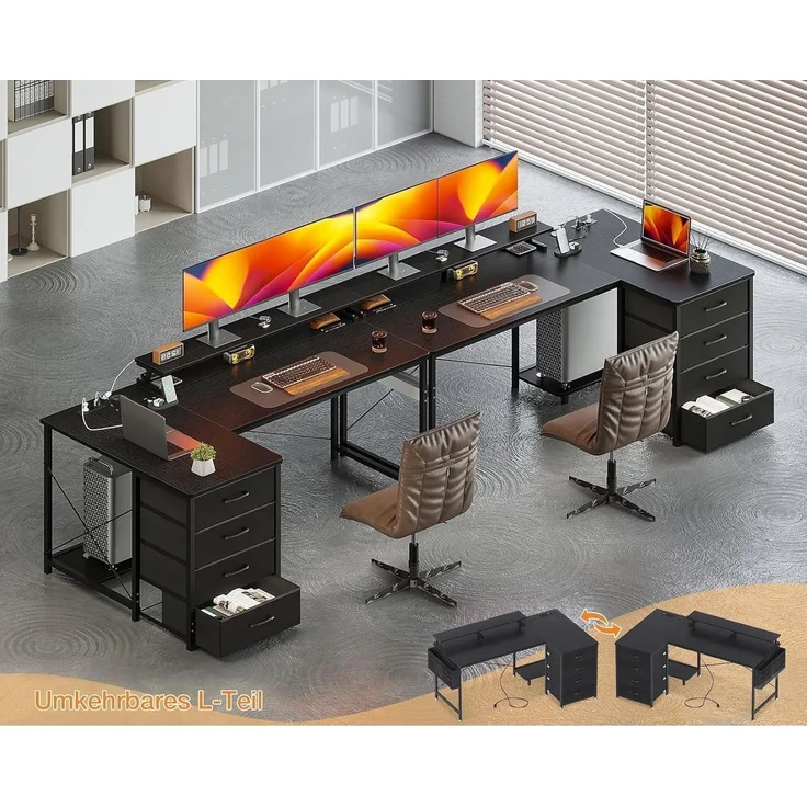 ODK L-förmiger Schreibtisch Schwarz USB-Ladestation 4 Schubladen 160x80cm – Bild 8