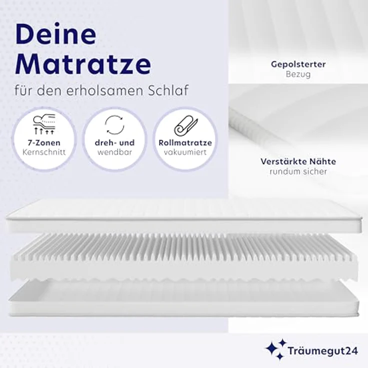 Träumegut24 AquaFlex 7-Zonen Matratze | H2&H3 | Ergonomische Kaltschaummatratze | Hypoallergen & Antibakteriell | Bezug abnehmbar & waschbar | Oeko-TEX® (140 x 200 cm, H3, 19 cm) – Bild 7