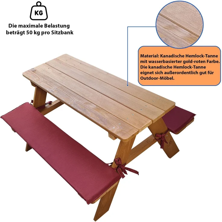 Coemo Kinder-Sitzgruppe Picknicktisch mit Polster Spieltisch Gartentisch Holz – Bild 4