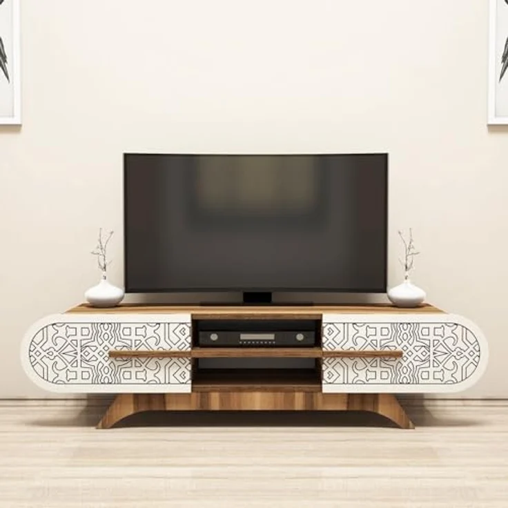 Stylish TV Unit, Walnut & Cream, 145 x 37 x 37 cm | 100% Melamine Coated Particle Board, 18 mm Thick | Perfect for Modern Living Rooms & Entertainment Spaces – Bild 2