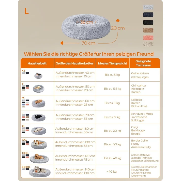 Feandrea Hundebett flauschig, Katzenbett, Donut Kissen, waschbar, Polsterung in der Mitte herausnehmbar, Langer Plüsch, 70 cm Durchmesser, Ombré-Grau PGW039G01 – Bild 4