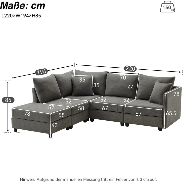 Big-Sofa mit Rückenkissen, Zierkissen, loser Rückenkissen und Zierkissen, 5-Sitzer Sofa, Leinen Bezug – Bild 5