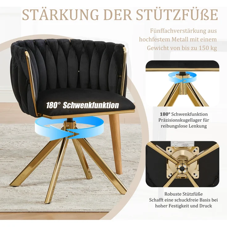 LVHOM Esszimmerstuhl 2er-Set, 180° drehbar mit runden Rückenlehne, Wohnzimmerstuhl aus Samt, bis 150 kg, für Homeoffice – Bild 3
