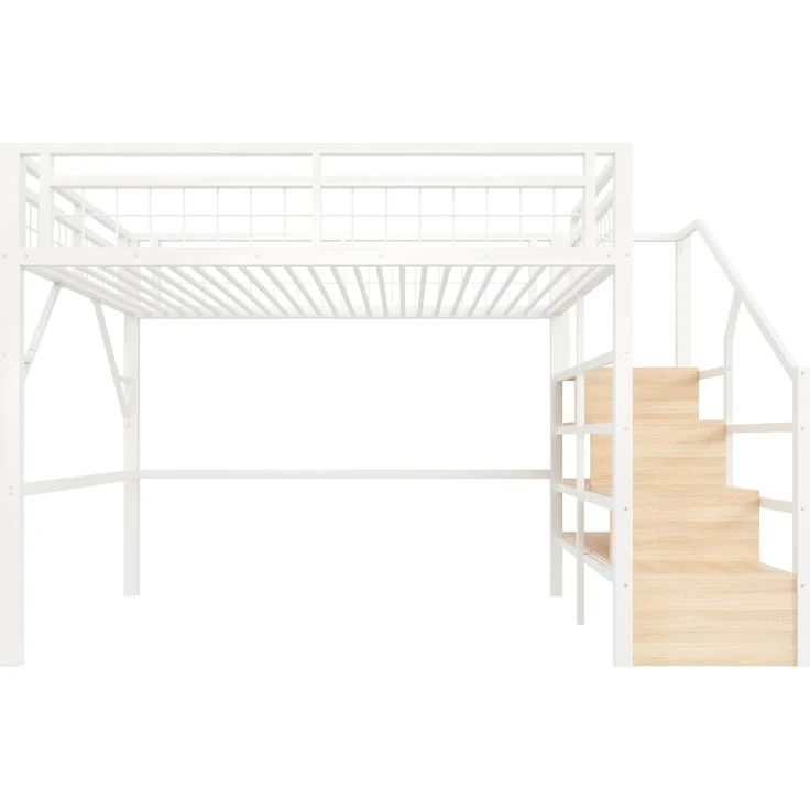 CHICFURN Hochbett Metall und MDF Weiß 140x200 cm mit LED-Beleuchtung und Stauraumtreppe – Bild 8