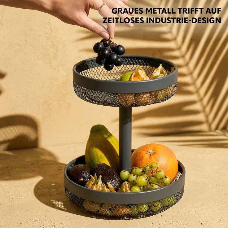 eluno 2-stöckige runde Obstetagere / Brotkorb, Metall, grau, Ø 20 cm und 25 cm – Bild 4
