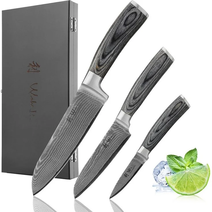 Wakoli Messer-Set EDIS 3er Damastmesser-Set I Holzbox I 8-17cm Klinge I Pakkaholzgriffe (Damastmesser mit Holzbox, 3-tlg), 67 Lagen Damaststahl, VG-10 Stahlkern – Bild 5