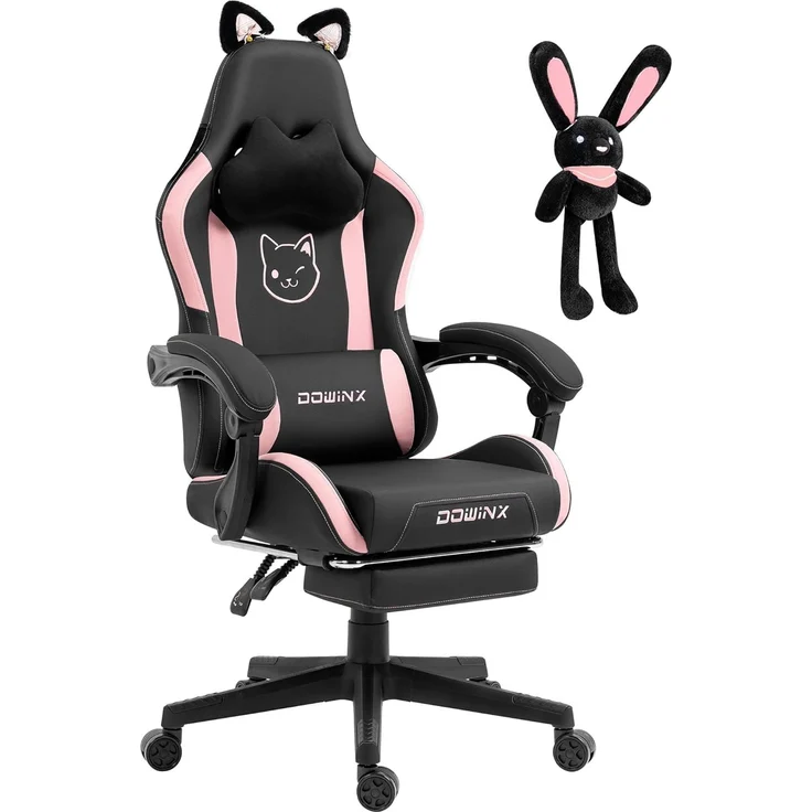 Dowinx Gaming Stuhl - Süße Katze Edition - Ergonomischer Computerstuhl mit Hoher Rückenlehne und Lendenwirbelstütze, PU-Leder, Fußstütze, Schwarz – Bild 1