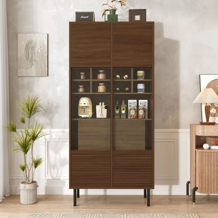 Mehrzweig-Vitrinenschrank in Nussbaumholzoptik: Glasfront + Etagenregal + versteckte Schublade｜Allround-Aufbewahrungslösung für Bad/Wohnzimmer/Büro--Holz--75.5x35x164.5cm--YOUDENOVA – Bild 2