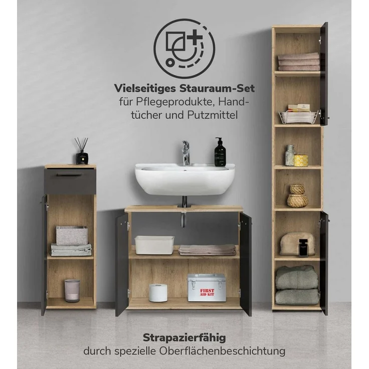 mokebo Badmöbel-Set Der Steuermann, (3-teilig), Unterschrank, Beistellschrank & Hochschrank in Eiche Schwarz – Bild 1
