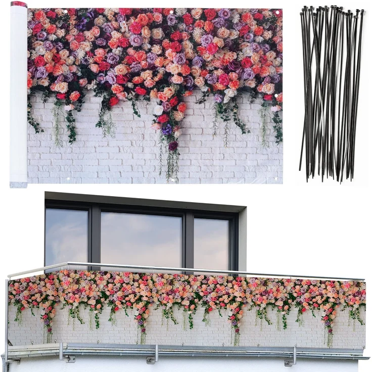 Maximex Balkon-Sichtschutz Mod. Rosen, 5m, blickdichte Balkonverkleidung, UV- und witterungsbeständig, schnelltrocknend und reißfest, zuschneidbar, Kunststoff