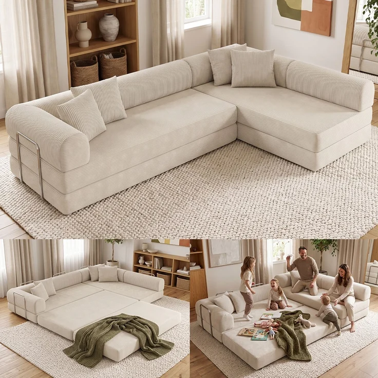 skølm 'Lofn' Modulares Sofa 4 Sitzer, 300x200 cm, Vollschaumcouch mit Metallgestell, Cord beige, Schlafsofa vakuumverpackt, kein Aufbau erforderlich – Bild 1