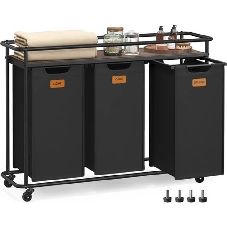 VASAGLE Wäschekorb mit 3 Fächern, Wäschesortierer mit Rädern, 150 L Wäschewagen mit Ablage, schwarz-braun – Bild 1