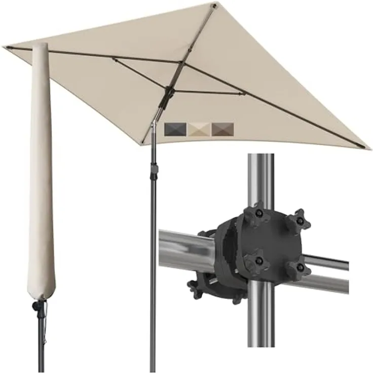 Menz Sonnenschirm Balkon - 3-IN-1 Sonnenschutz Balkon SET in Beige, UPF 50+ Sonnenschirm rechteckig 200x125 cm + stabiler Sonnenschirmhalter Balkongeländer + Sonnenschirmhülle