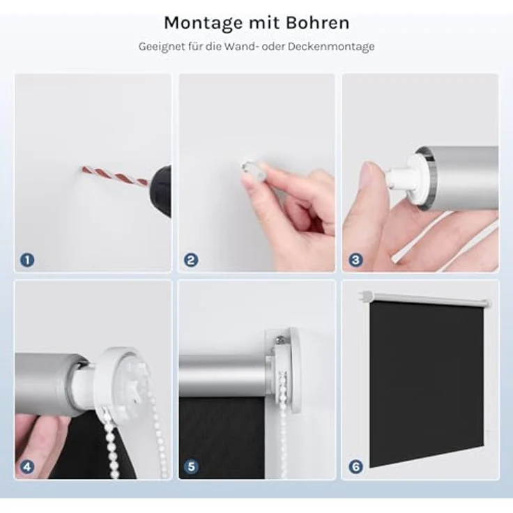 WOLTU Verdunkelungsrollo, nur zur Schraubmontag Thermo Verdunkelungsrollo mit Kette, Sichtschutz für Türen und Fenster, 140x160 cm [Stoffbreite: 136 cm], Schwarz – Bild 9
