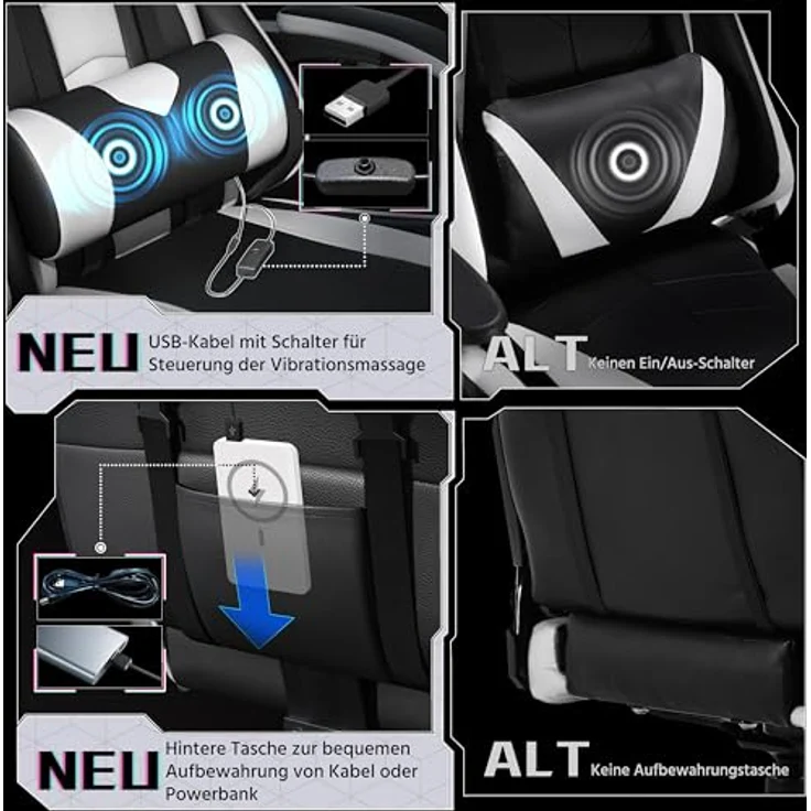 Yaheetech Gaming Stuhl Ergonomischer Gamer Stuhl mit Massagefunktion Computerstuhl mit Fußstütze Bürostuhl 90-135° Rückenlehne verstellbar Gaming Sessel PC Stuhl Weiß – Bild 8