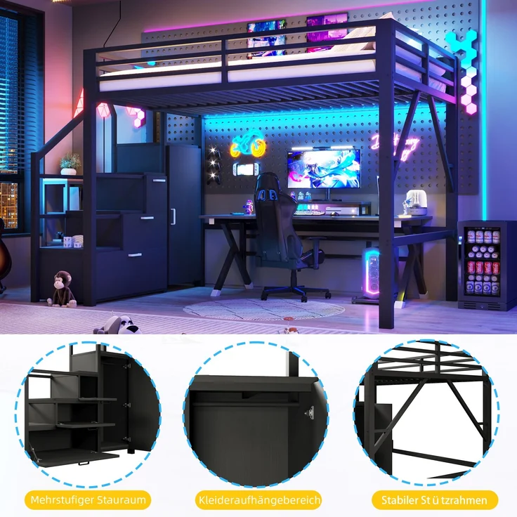 U-life Metall-Hochbett 140x200 cm mit Staufächern, Kleiderschrank, Treppe und LED-Beleuchtung, Schwarz – Bild 6