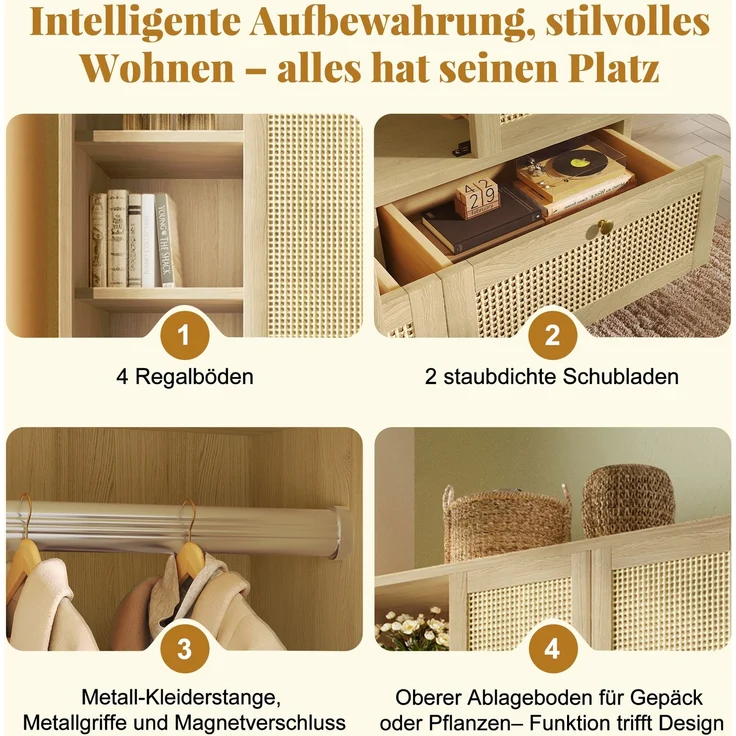 Merax 180cm Kleiderschrank Garderobenschrank mit 2 Türen und Rattan‑Flechten, Landhausstil Eicheoptik, offene Ablage, Regalfächer, Kleiderstange, 2 Schubladen, Kippsicherung – Bild 7