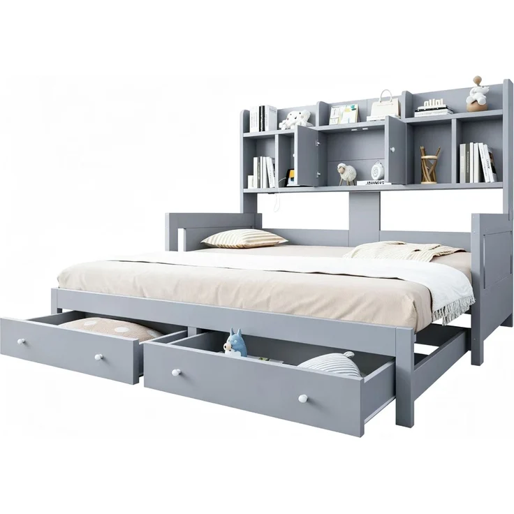 Multifunktionales Ausziehbares Schlafsofa Aus Holz Mit Schubladen, Ablageflächen, Schränken und offenen Fächern, Ausgestattet Mit Steckdosen und LED-Beleuchtung, Gästebett, Grau--Herde--193.6x97x140cm--YOUDENOVA – Bild 9