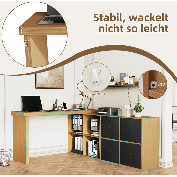 Schreibtisch 120 x 48 x 78 cm mit 360° drehbarer Tischplatte, Sideboard 140 x 35 x 74 cm und 4 Schubladen – Bild 8