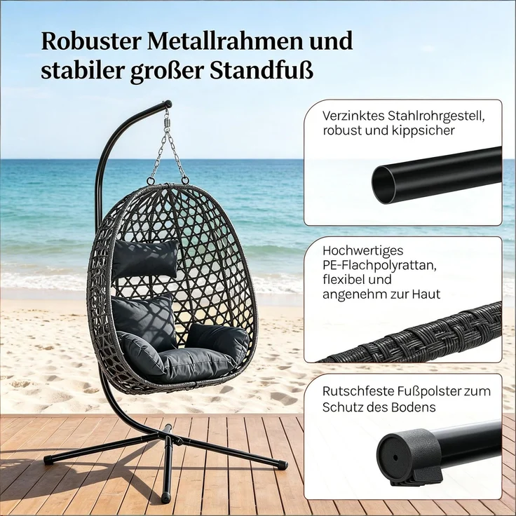 Hängesessel 105 x 105 x 195 cm aus Metall und PE-Rattan in Dunkelgrau, 1 Stück – Bild 3