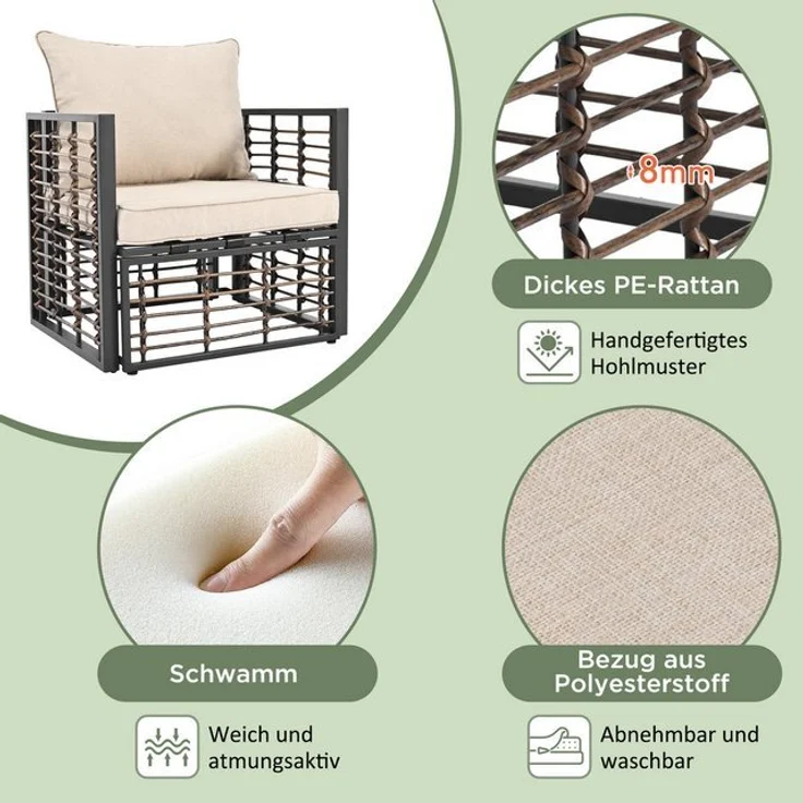 Merax Gartenlounge-Set für 5 Personen mit Kissen und Stahlrahmen, (6-tlg, 1 3-Sitzer, 2 Sessel, 1 Couchtisch), Gartenmöbel Set Rope Loungeset, Balkonset Seil, Sitzgruppe Polyrattan – Bild 4