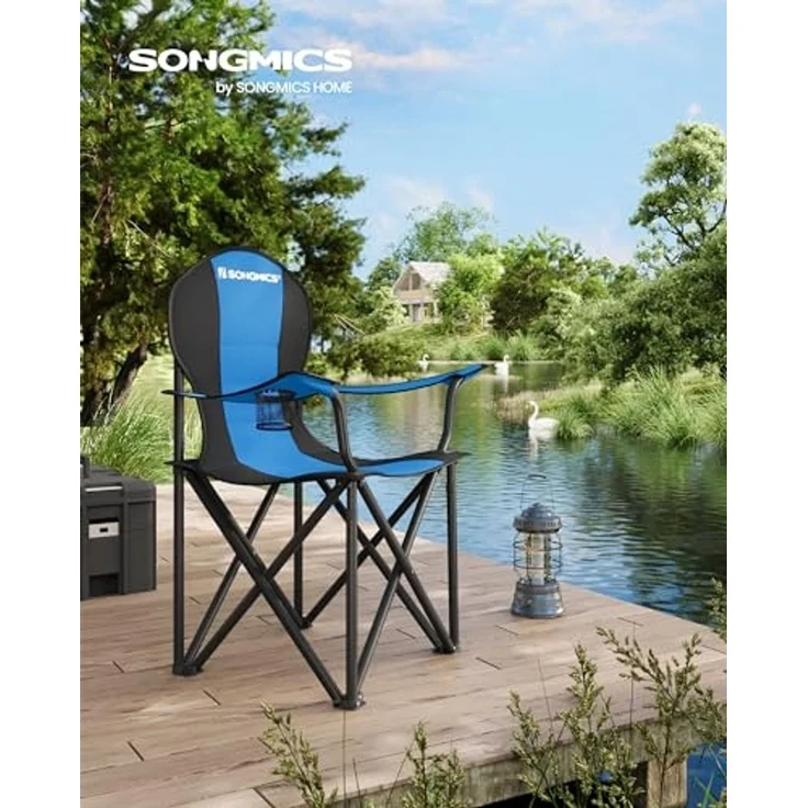 SONGMICS Campingstuhl, klappbar, Klappstuhl, komfortabler mit Schaumstoff gepolsterter Sitz, mit Flaschenhalter, hoch belastbar, max. Belastbarkeit 250 kg, Outdoor Stuhl, blau GCB06BU – Bild 2