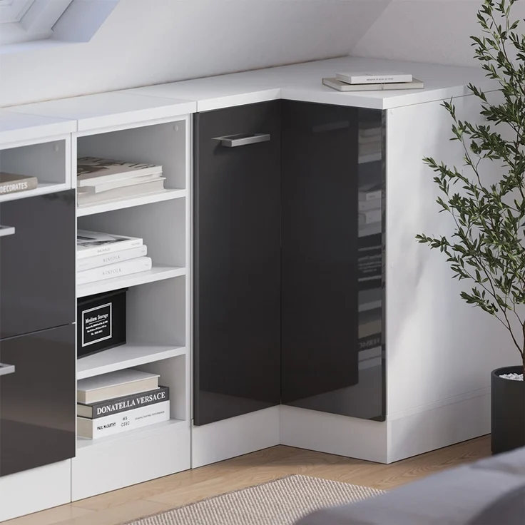 Eck-Küchenschrank für Dachschrägen R-Line Anthrazit Hochglanz 75.6 cm mit 1 Tür, Schrankkorpus 60 cm Tiefe Vicco – Bild 4