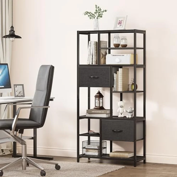 YITAHOME Bücherregal mit Schubladen, 7-stöckiges Standregal mit Stahlrahmen, Bodenstehendes Lagerregal, Industrieregal Aufbewahrungsregal, für Wohnzimmer, Büro, Flur, Küche, Schwarz Regal – Bild 7