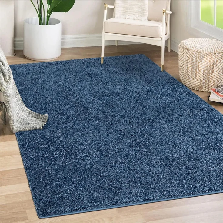 Teppich Wohnzimmer Hochflor Shaggy - 150x150cm - Blau Einfarbig Uni Flauschig Modern Boho Deko Teppiche Weich Schlafzimmer – Bild 1