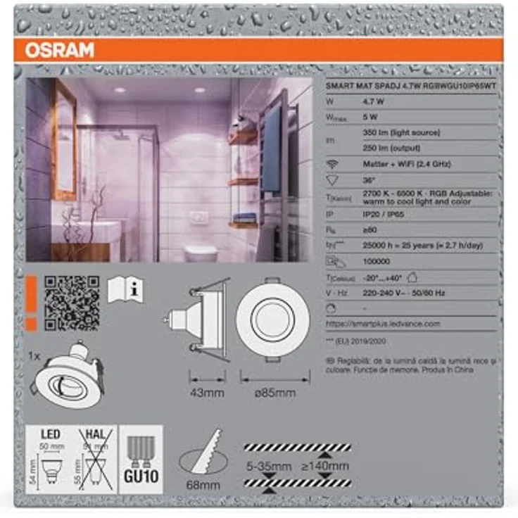 Osram Smart Matter Spot LED Einbaustrahler IP65 RGBW Verstellbar Weiß, 4,7W Smart Home, Dimmbar, App-Steuerung, 3er-Set – Bild 3