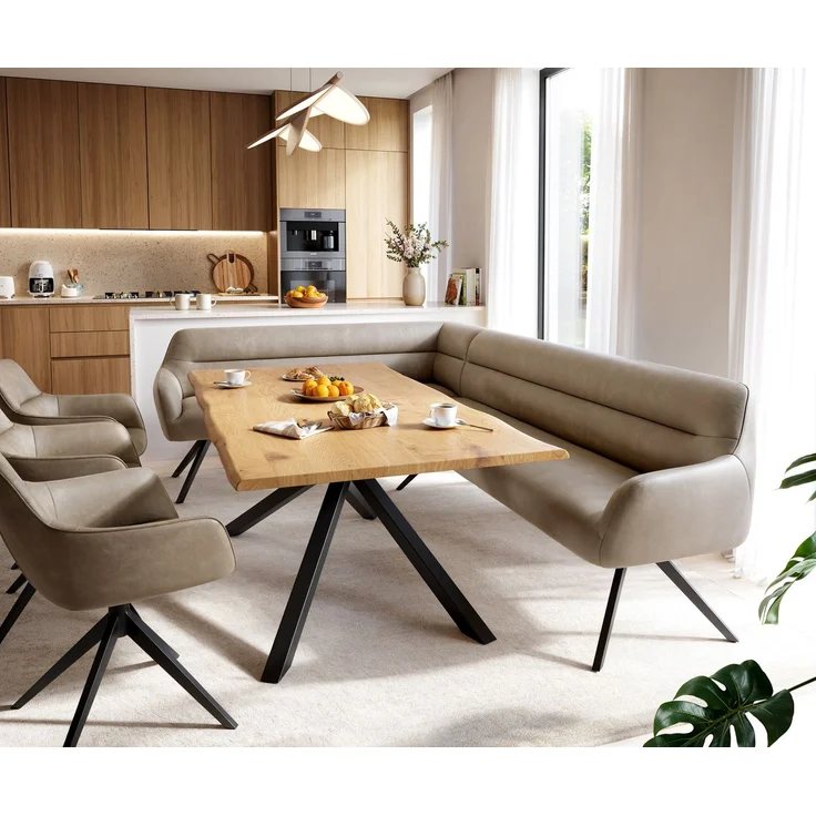 Esszimmerbank Taya-Flex 285x190 cm Mikrofaser Beige Vintage Kreuzgestell kantig Schwarz Taschenfederkern Rechts – Bild 1