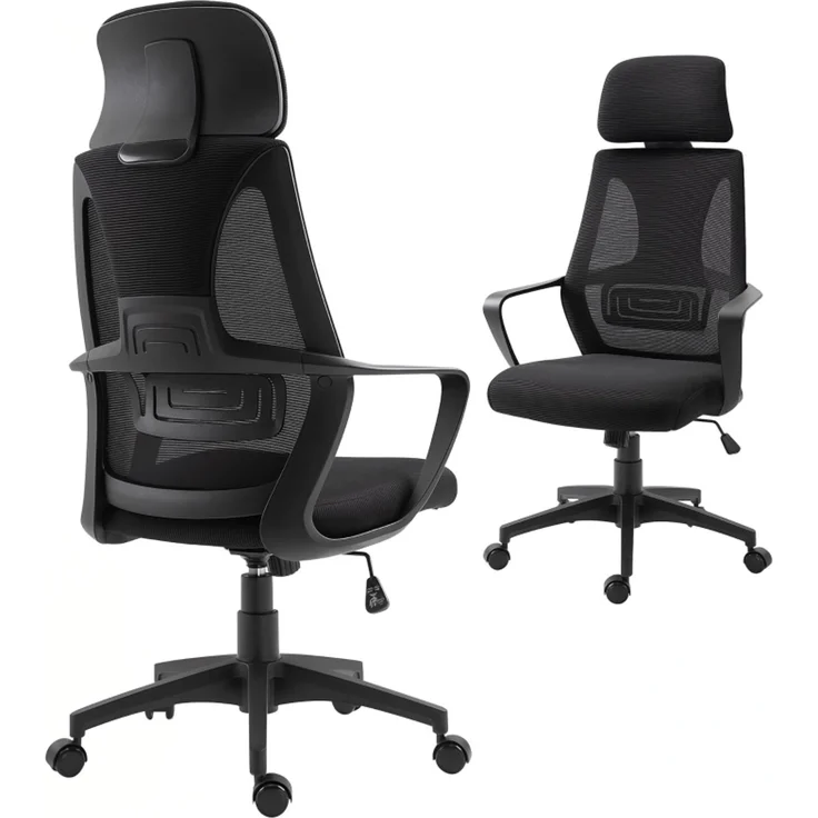 Faumrta Bürostuhl, H?henverstellbarer Schreibtischstuhl mit Wippfunktion Drehstuhl mit Armlehne, Kopfstütze, Lendenstütze Bürostuhl mit Netzstoff-Optik, SchwarzPolyester64cm*55cm*126cmSchwarz – Bild 8