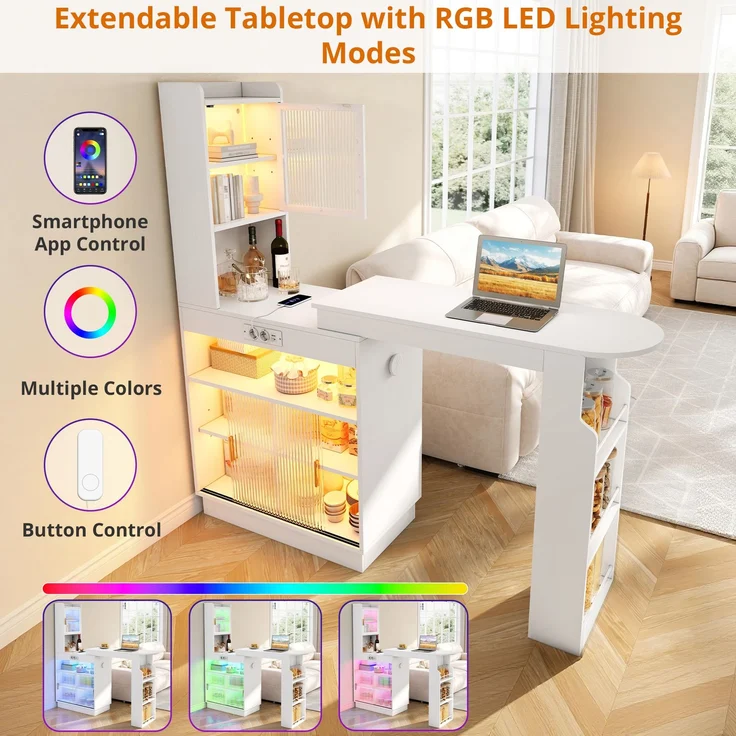 ZUBALIYA Küchenschrank mit Glastüren / Barschrank & Sideboard, mit ausziehbarer Bartisch & Stehtisch mit Stauraum und steckdose, Weiß, 131–170 x 40 x 170 cm, fürs Büro, mit LED, Samt – Bild 8