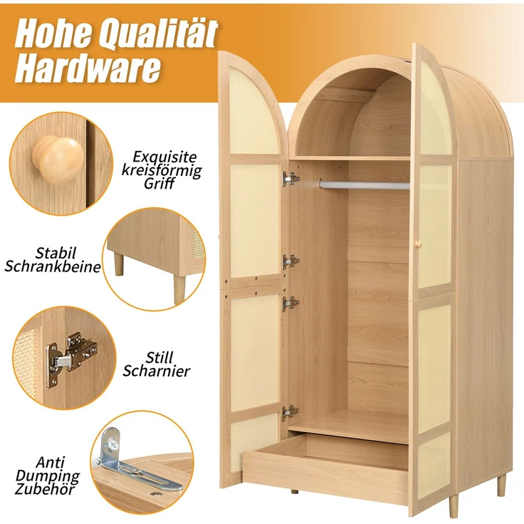 DESVIAE Garderobenschrank mit Rattantüren und Schubladen 80x179x50 cm MDF/Spanplatte Natur – Bild 4