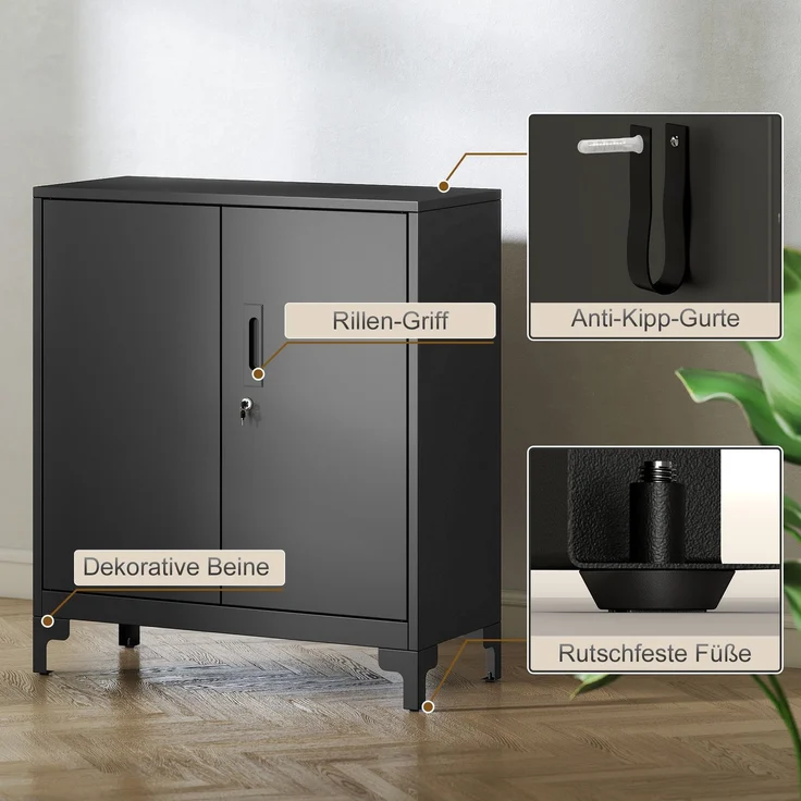 Büroschrank aus Metall, verschließbare Türen, Bürokommode, 2-stufiges Design, Schwarz--Schwarz--91x35x80cm--YOUDENOVA – Bild 8