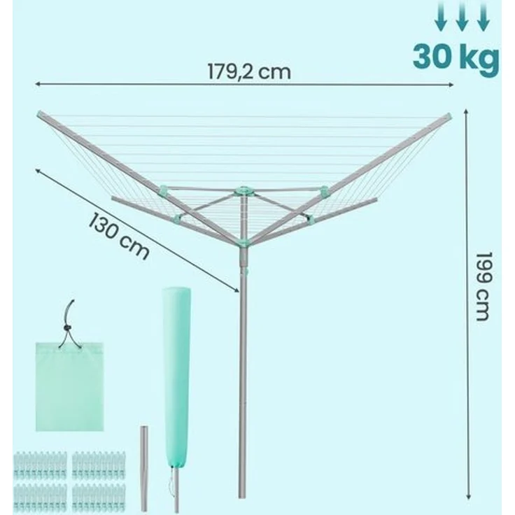 SONGMICS Wäschespinne, 60 m Wäscheleine, für 6 Waschladungen, mit Wäscheklammern, silbern – Bild 5