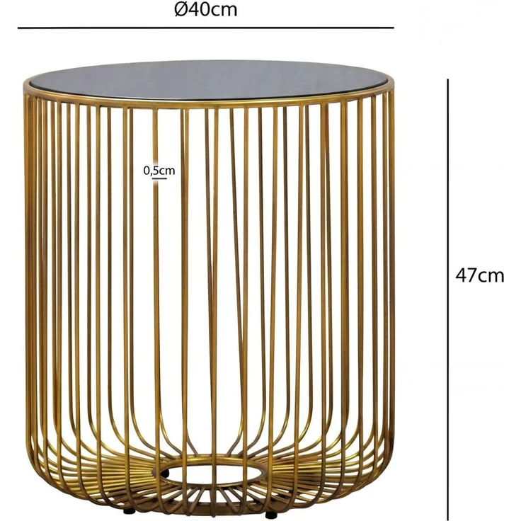 Beistelltisch Glas Metall 40cm Gold Rund - Moderner Anstelltisch - Design Sofatisch Couchtisch Drahtkorb - Loungetisch mit Gittergestel - Runder Wohnzimmertisch Klein Handmade – Bild 3