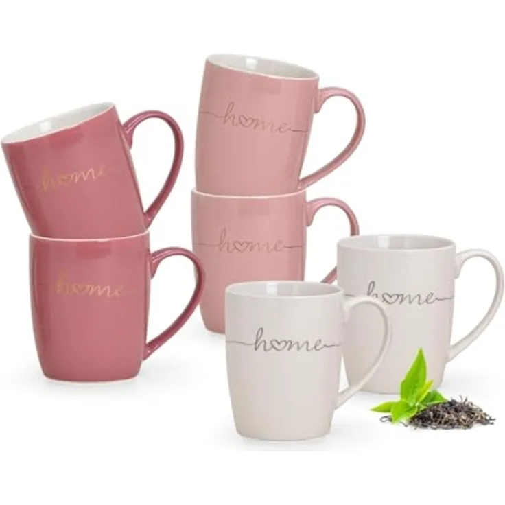 matches21 HOME & HOBBY Tasse Schöne Kaffeetassen 6er Set einfarbig Herzen mit Spruch Home, 6-tlg, Porzellan, Tee Kaffee-Becher, klassisch, rosa pink weiss goldfarben, 300 ml