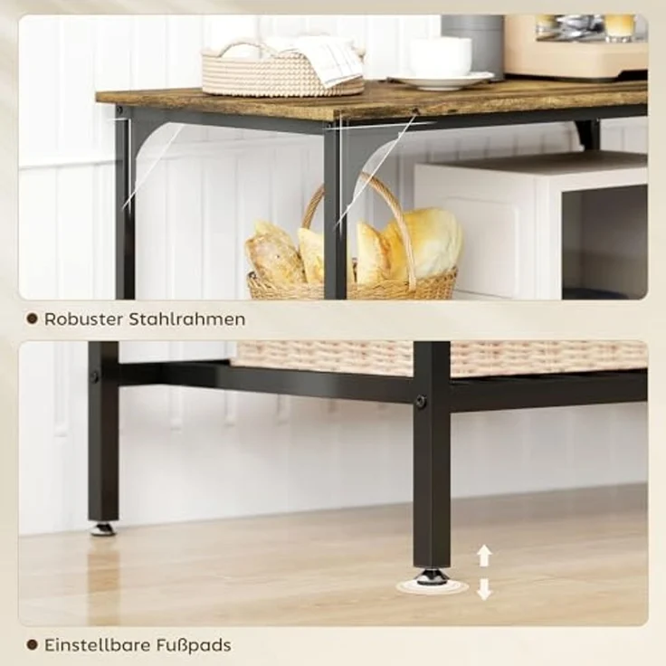 HOMCOM Küchenregal Industrielles Bäckerregal mit großer Arbeitsplatte, Stahlrahmen, 3-stufiges Standregal 1-tlg, für Esszimmer, Küche, Wohnzimmer, 100 x 50 x 90 cm, Rustikal-Braun – Bild 6