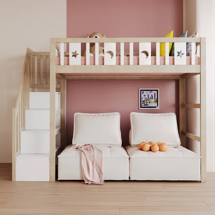 Hochbett Kinderhochbett mit Stauraum-Kletterleiter Einzelbett mit Sicherheitsgeländern Stern- und Monddekoration Massivholz Holzfarbe 90 x 200 cm