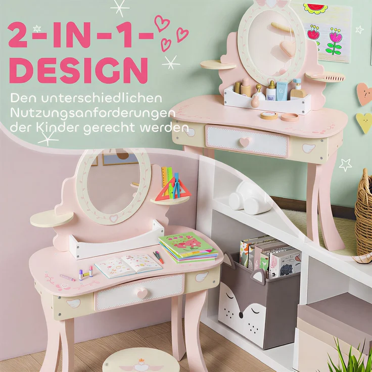 AIYAPLAY Schminktisch Kinder, MDF, Holz, Rosa, 59,8L x 29,6B x 89,8H cm – Bild 4