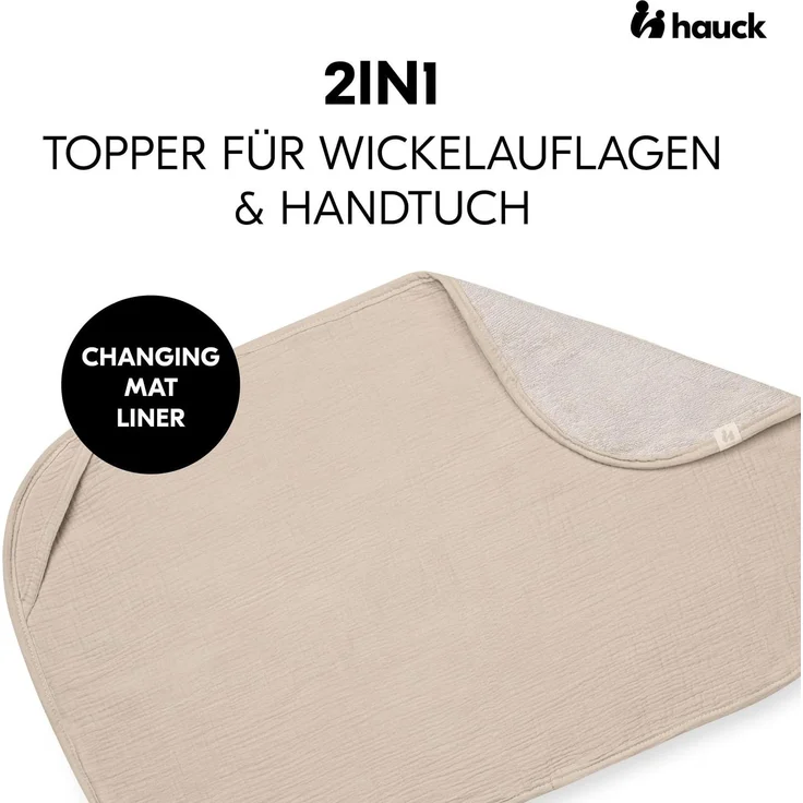 Hauck Topper und Handtuch für Wickelauflage, Atmungsaktives Musselin und Frottee Stoff, Waschbar bei 60° C, für Junge und Mädchen, geeignet für hauck Change N Clean Baby Wickelunterlauge (Beige) – Bild 2
