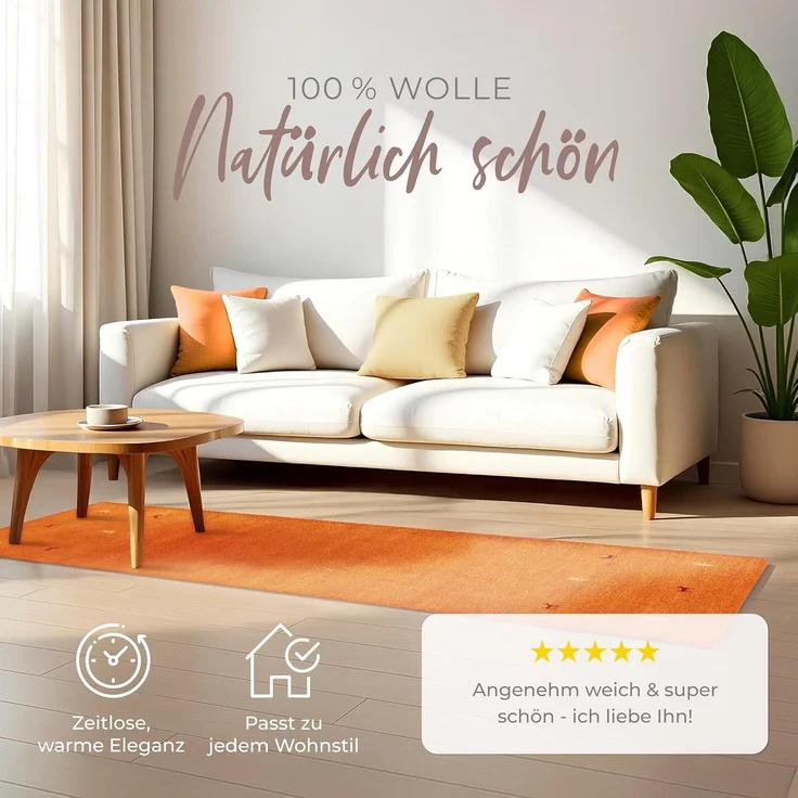 carpetfine 'Gabbeh Uni' Wollteppich, reine Wolle, Orange, 75x240 cm – Bild 3