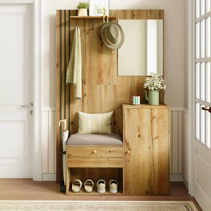 Flurgarderobe 115 x 37 x 185 cm mit Sitzbank,Spiegel, Kleiderstange,verstellbaren Regalen,Soft-Close – Bild 5