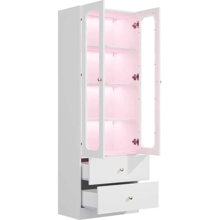 Glasvitrine 60x35x170 cm in Weiß mit LED-Beleuchtung, Glastüren und 2 Schubladen – Bild 6