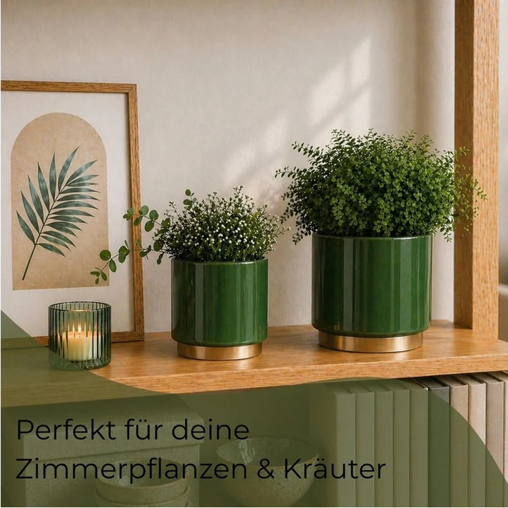 matches21 HOME & HOBBY Blumentopf Blumentöpfe 2er Set aus Keramik in Ø 10,5 x 10,5 cm Dunkelgrün (2 St), Edle Übertöpfe mit goldenem Fuß – Bild 4